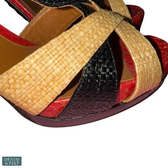 Fendi Tri-Color Raffia & Snakeskin Slingback Platform Sandals 38.5 / US 8.5 - Picture 11 of 12